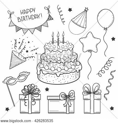 Hand Drawn Set Of Festive Elements. Happy Birthday. Cake, Flags, Mask, Balloon, Gift Box. Sketch. Ve