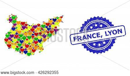 Blue Rosette Textured Seal Stamp With France, Lyon Caption. Vector Mosaic Lgbt Map Of Badajoz Provin