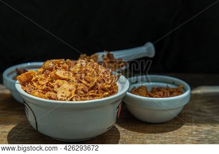 Dried Chilli Paste With Crispy Fish Thai Style Or Crispy Fish Chilli Paste In Ceramic White Cup On W