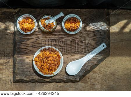 Dried Chilli Paste With Crispy Shrimp Thai Style Or Crispy Shrimp Chilli Paste In Ceramic White Cup 