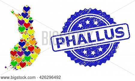 Blue Rosette Textured Stamp With Phallus Phrase. Vector Mosaic Lgbt Map Of Finland With Hearts. Map 