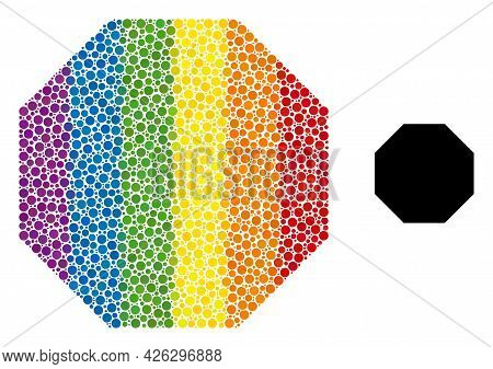 Octagon Composition Icon Of Spheric Dots In Different Sizes And Rainbow Colored Color Tones. A Dotte