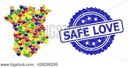 Blue Rosette Rubber Stamp With Safe Love Message. Vector Mosaic Lgbt Map Of Ichkeria With Hearts. Ma