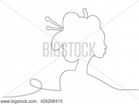 Silhouette Of Young Japanese Girl An Ancient Hairstyle. Black Line Art Style Design. Geisha, Maiko, 