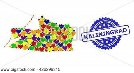 Blue Rosette Scratched Stamp With Kaliningrad Phrase. Vector Mosaic Lgbt Map Of Kaliningrad Region O