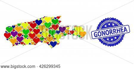Blue Rosette Rubber Seal With Gonorrhea Caption. Vector Mosaic Lgbt Map Of Kangaroo Island With Love