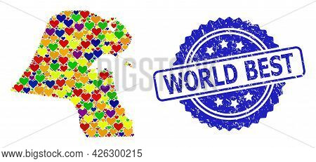 Blue Rosette Textured Stamp With World Best Caption. Vector Mosaic Lgbt Map Of Kuwait With Love Hear