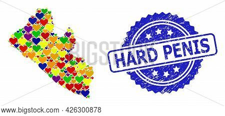 Blue Rosette Distress Seal With Hard Penis Message. Vector Mosaic Lgbt Map Of Liberia With Love Hear