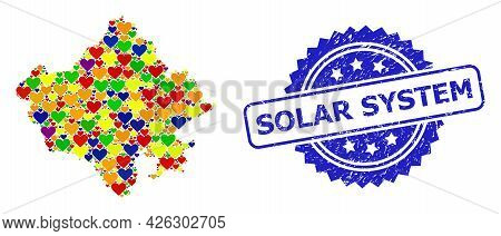 Blue Rosette Grunge Watermark With Solar System Text. Vector Mosaic Lgbt Map Of Rajasthan State Of H