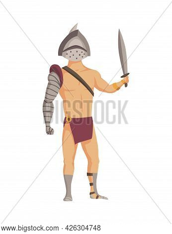 Ancient Rome Gladiator. Vector Roman Warrior Character In Armor With Sword. Flat Illustration In Car