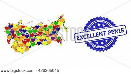Blue Rosette Rubber Watermark With Excellent Penis Phrase. Vector Mosaic Lgbt Map Of Ussr With Lovel