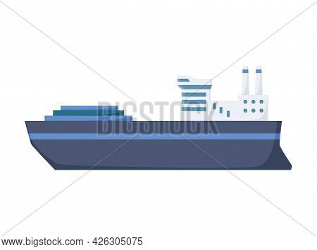 Large Industrial Steamer. Cargo Ship Side View Isolated On White Background. Commercial Ship, For Oc