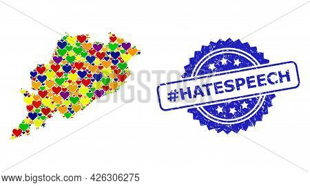 Blue Rosette Scratched Seal With Hashtag Hatespeech Text. Vector Mosaic Lgbt Map Of Odisha State Fro
