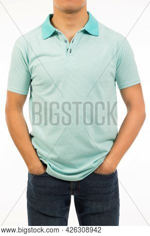 Brown Skin Male Wear Blue Artic Shirt With Short Sleeve Hand Arm Defensive Gesture Man