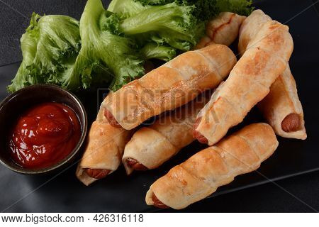 Sausage Buns. Soft Baked Bun (dough )stuffed With Pork Sausage For Fast Food Breakfast Or Coffee Bre