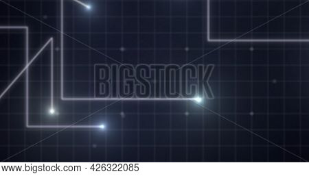 Image of glowing white points with light trails moving on grid on purple background. digital interface computing concept digitally generated image.