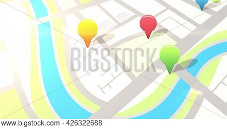 Image of location pins over flashing digital road map. digital interface connection and communication concept digitally generated image.