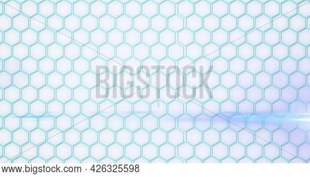Image of network of interconnected glowing blue hexagons. global network of connections technology concept digitally generated image.
