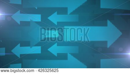 Image of digital interface with glowing blue arrows. global online network technology connection communication concept digitally generated image.
