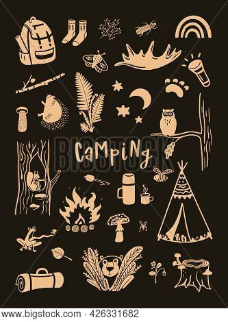 Camping Hand Drawn Cute Vector Elements Against The Dark Background