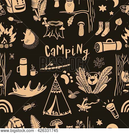 Camping Hand Drawn Cute Vector Pattern Against The Dark Background