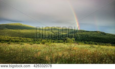 Highlands Landscape With Rainbow After Summer Thunderstorm