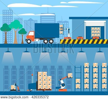 Warehouse Facilities And Equipment For Storing And Shipment Cargo 2 Flat Banners Composition Abstrac