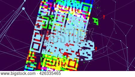 Image of QR code flashing data scanning and processing and digital interface with network on purple background. Online security concept digitally generated image.