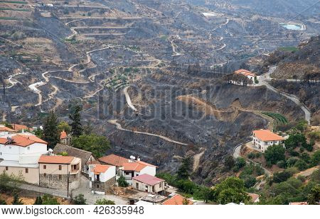 Mountain Fire With Burned Land And Disaster On Agriculture At The Village Of Odou Cyprus. Environmen