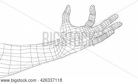 Hand Hold Some Tiny Or Thin Object. Vector Rendering Of 3d. Wire-frame Style. Hand Hold Somethin