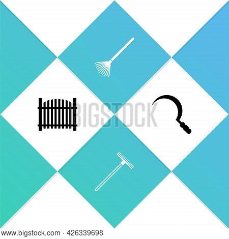 Set Garden Fence, Rake, For Leaves And Sickle Icon. Vector