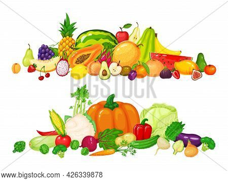 Fruit And Vegetable Piles. Apple Kiwi Cherry Apple Pepper, Tomato Pumpkin Carrot Cabbage. Fresh Orga