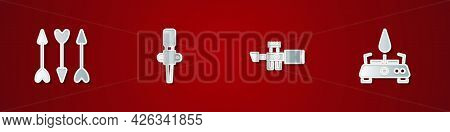 Set Hipster Arrows, Torch Flame, Sniper Optical Sight And Camping Gas Stove Icon. Vector