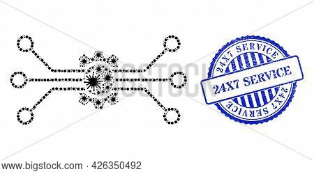 Covid-2019 Collage Digital Tech Icon, And Grunge 24x7 Service Seal. Digital Tech Collage For Epidemi