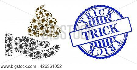 Covid-2019 Mosaic Hand Give Shit Icon, And Grunge Trick Seal Stamp. Hand Give Shit Mosaic For Breako