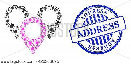 Virulent Mosaic Map Marker Group Icon, And Grunge Address Stamp. Map Marker Group Mosaic For Pandemi