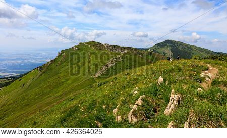 Green Mountain Ridge In Nice Weather, With Blue Sky And White Clouds. Chleb, Mala Fatra, Slovakia.