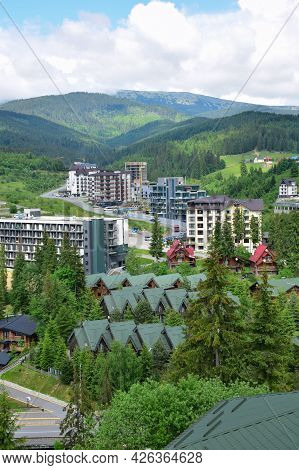 Ski Resort In Summer Aerial View, In The Background A Lift To The Mountainski Resort In Summer Aeria