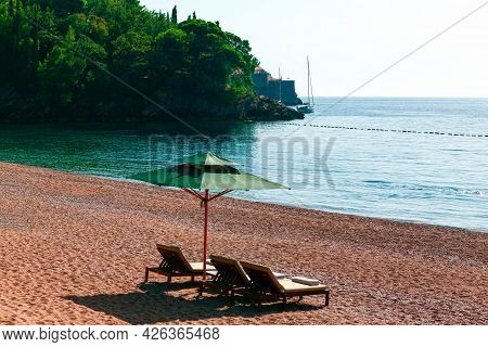 Nobody On The Luxury Beach . Milocer Beach At Adriatic Sea In Montenegro