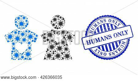 Virulent Collage Lovers Pair Icon, And Grunge Humans Only Stamp. Lovers Pair Collage For Epidemic Te