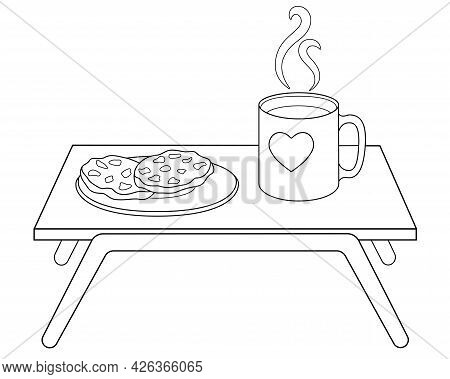 Breakfast Table With A Cup Of Coffee And A Plate Of Cookies - Vector Linear Illustration For Colorin