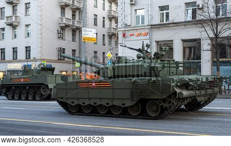 April 30, 2021 Moscow, Russia. Promising Russian T-14 Armata Main Tank On Tverskaya Street In Moscow
