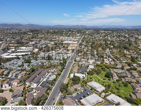 Aerial View Of Suburb Area With Residential Villa In San Diego, Encinitas, South California, Usa.