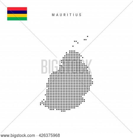 Square Dots Pattern Map Of Mauritius. Mauritian Dotted Pixel Map With National Flag Isolated On Whit
