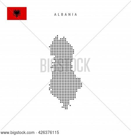 Square Dots Pattern Map Of Albania. Albanian Dotted Pixel Map With National Flag Isolated On White B