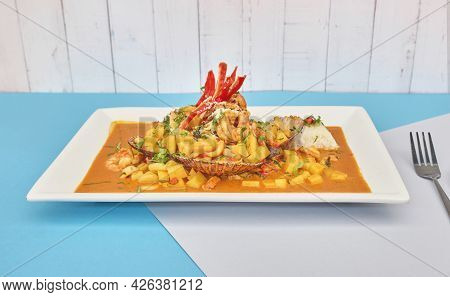 Peruvian Food: Picante De Mariscos With Rice, Sea Food.