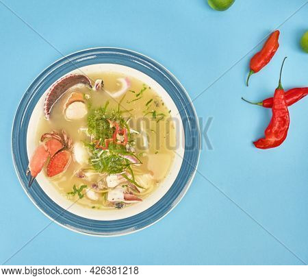Delicious Fish Soup Seafood Called Chilcano Peruvian Food, Decorated With Crabs