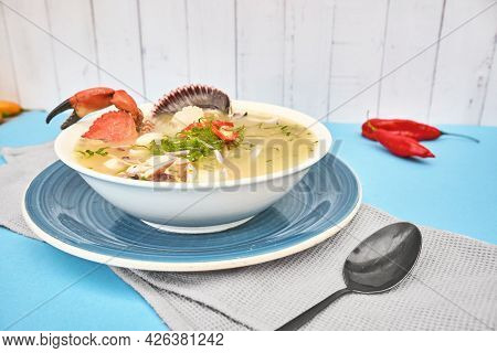 Delicious Fish Soup Seafood Called Chilcano Peruvian Food, Decorated With Crabs