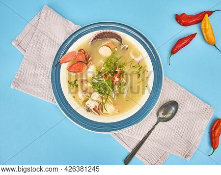 Delicious Fish Soup Seafood Called Chilcano Peruvian Food, Decorated With Crabs