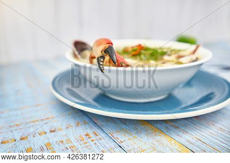 Delicious Fish Soup Seafood Called Chilcano Peruvian Food, Decorated With Crabs